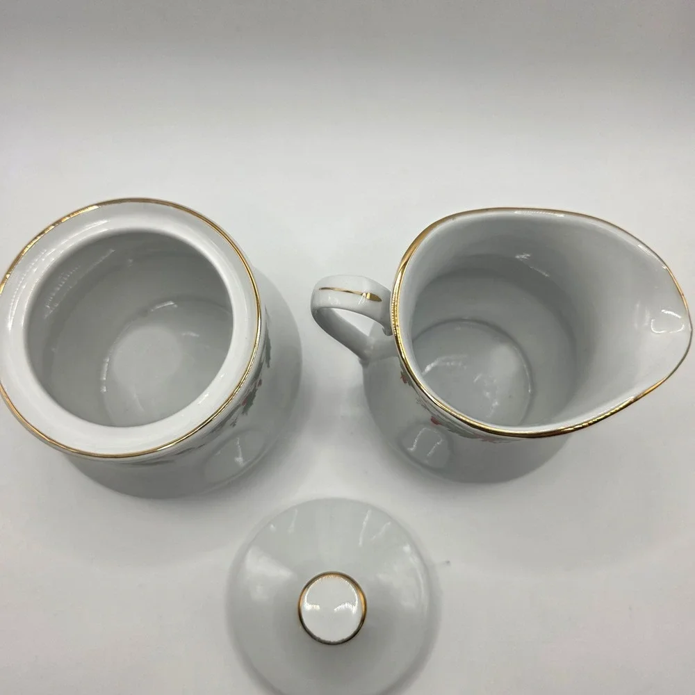China Pearl Noel Fine China Sugar Bowl and Creamer Set Holly Berry Gold Rim
